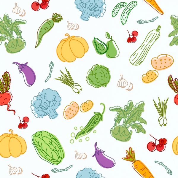vegetables background multicolored icons handdrawn sketch