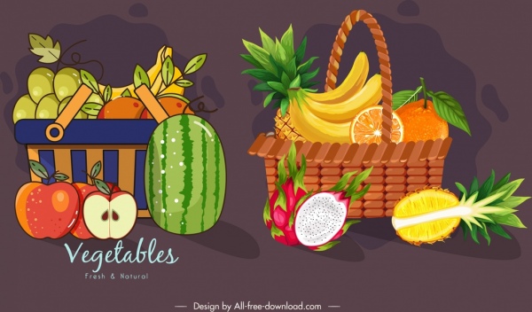 vegetables baskets icons dark colorful classical design
