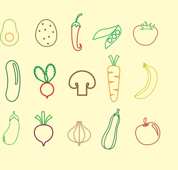 vegetables fruit icons outline colored flat design