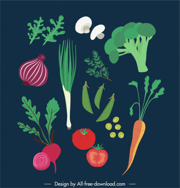 vegetables icons colorful flat classic sketch