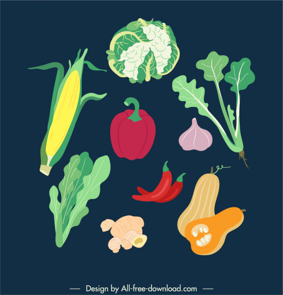 vegetables icons colorful flat retro handdrawn sketch