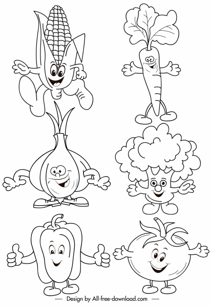 vegetables icons funny stylized handdrawn cartoon sketch