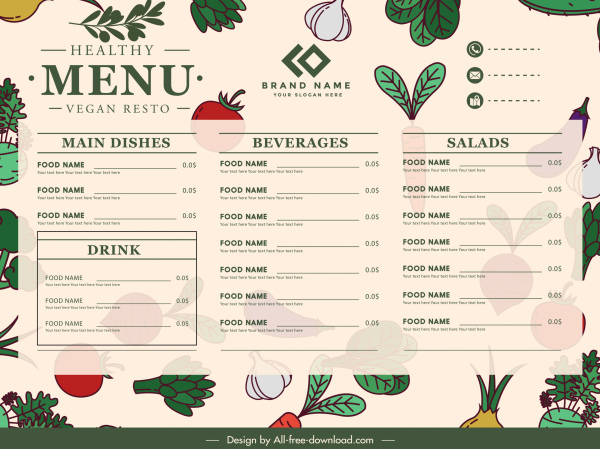vegetables menu template colorful classic flat handdrawn sketch
