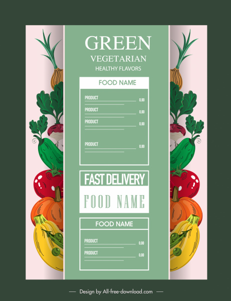 vegetarian menu cover template colorful classic vegetables sketch 