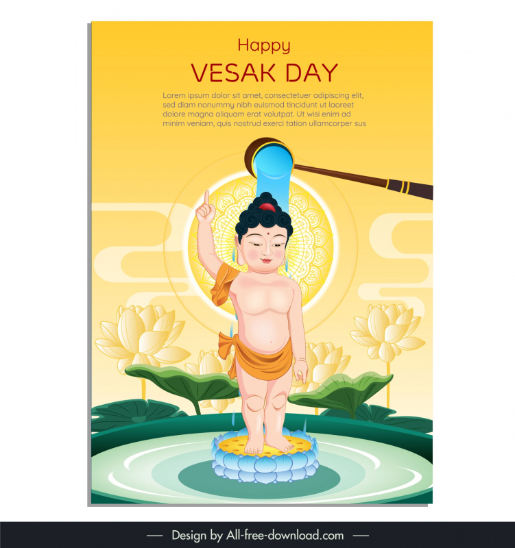 vesak day poster template buddha statue washing cartoon