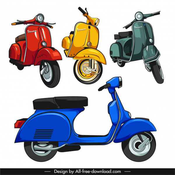 vespa motorbike icons colored classical 3d sketch