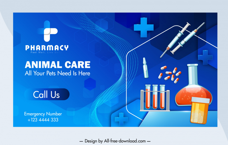 veterinarian pharmacy banner template dynamic medicine lab tube injection needles curves decor