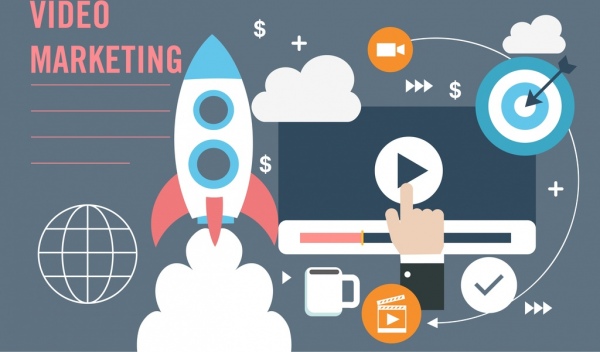 video marketing banner spaceship screen business icons decor