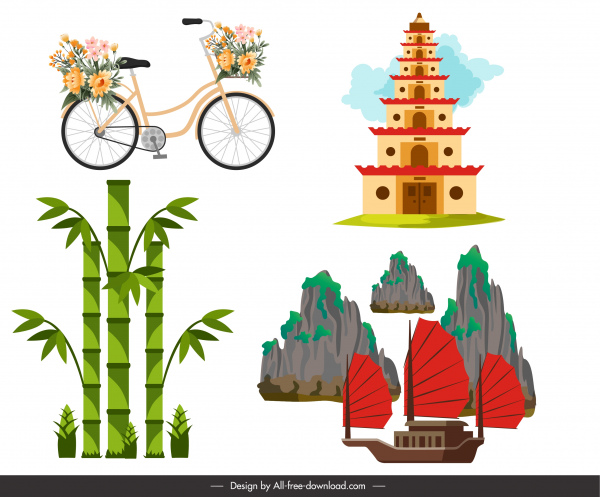 vietnam design elements colorful flat national symbols sketch