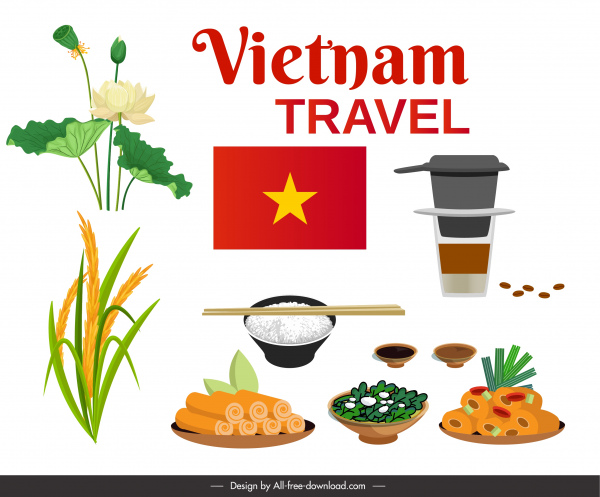 vietnam travel poster cuisines lotus rice elements sketch