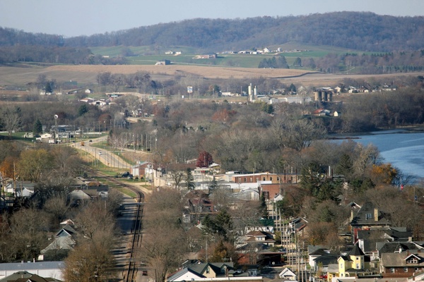 view of the town and hills beyond at bellevue state park iowa