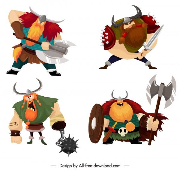 viking knight icons colored cartoon characters sketch