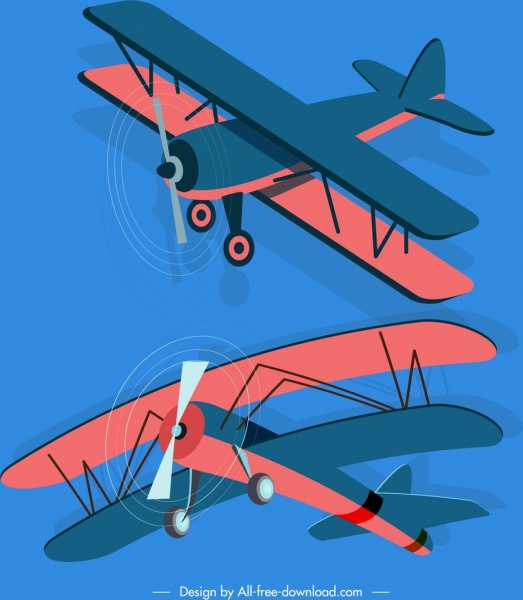 vintage airplane icons dark colored 3d sketch