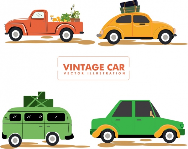 vintage car icons collection various colored types isolation