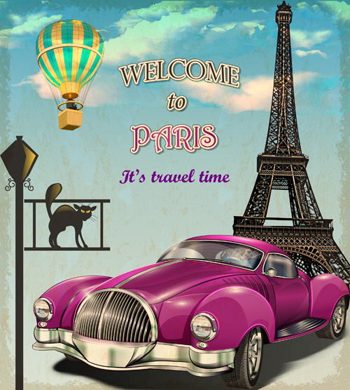 vintage car with travel poster vector set