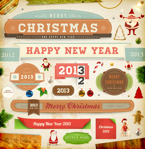 vintage christmas and new year13 ornaments vector