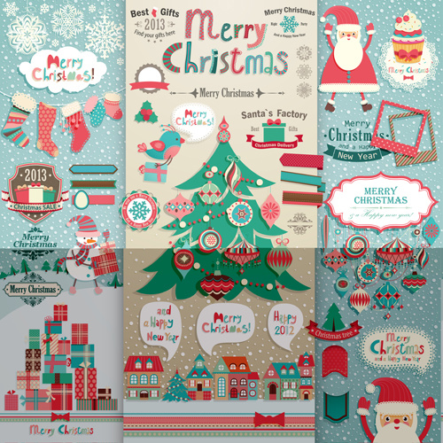 vintage christmas labels and elements vector set