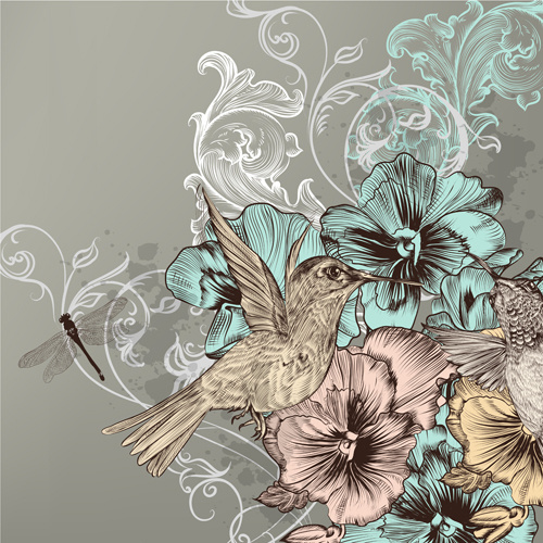 vintage flower and birds background art vector