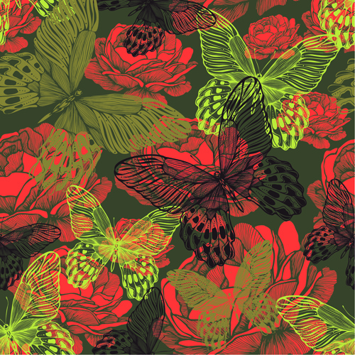 vintage flower with butterfly seamless pattern vector