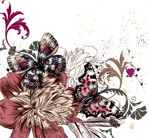vintage flowers with butterflies vector 