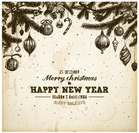 vintage hand drawn new year and christmas ornaments vector set