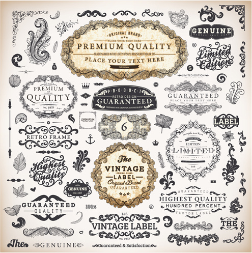 vintage label and ornaments design vector set 