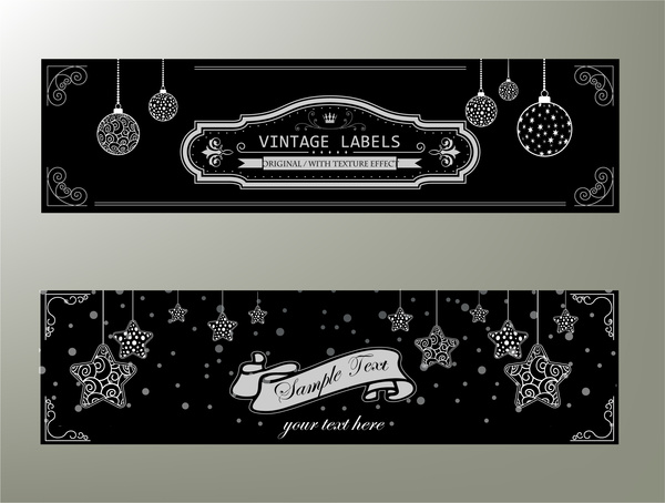 vintage labels and banners on black and white