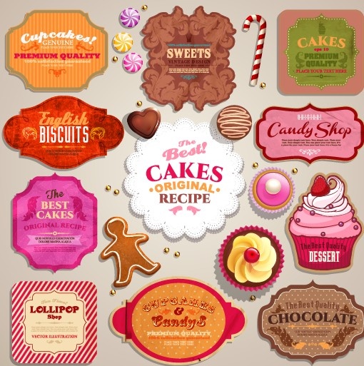 vintage sweets and cake labels vector 