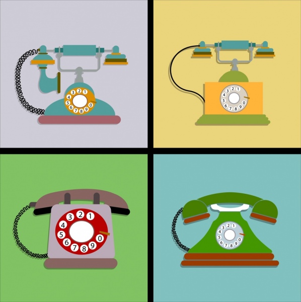 vintage telephone icons multicolored square isolation