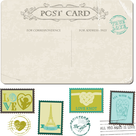 vintage wedding postcard with postage stamps vector