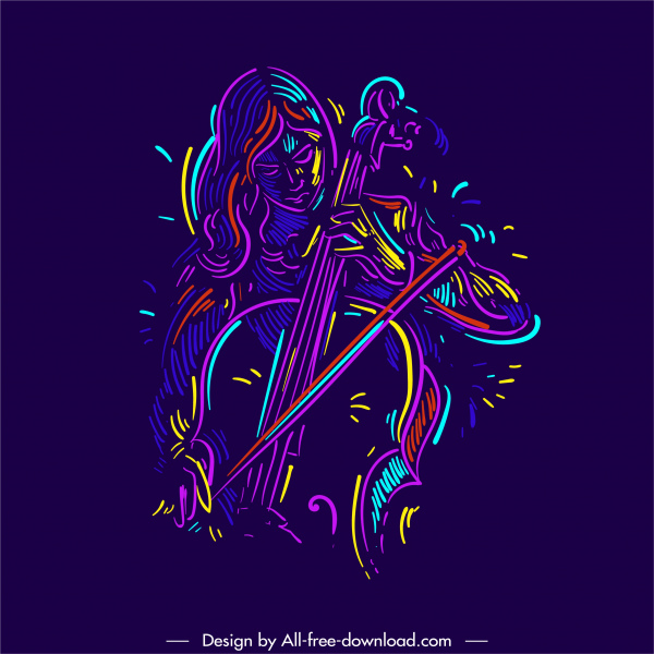violinist icon dynamic design dark colorful handdrawn sketch
