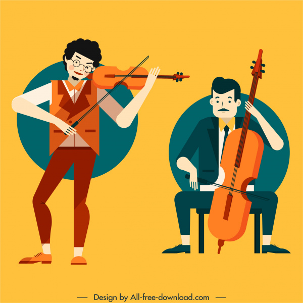 violinists icons colored cartoon characters sketch
