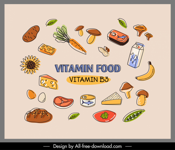 vitamin b food poster colorful retro handdrawn sketch