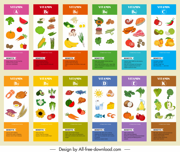 vitamin infographic banner templates colorful food emblems sketch