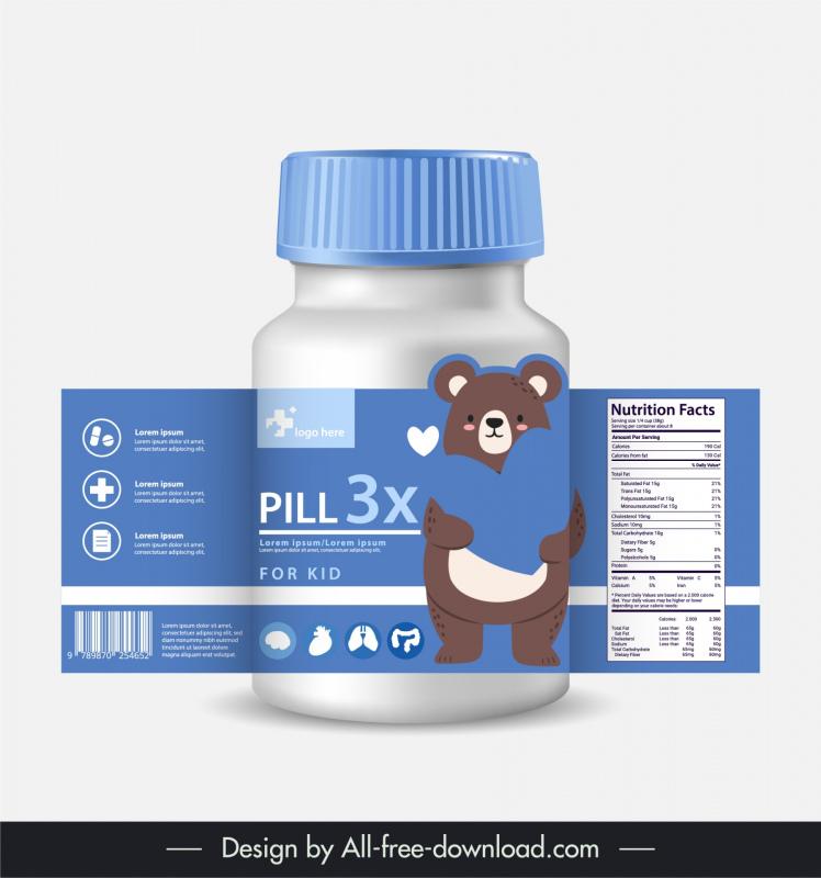   vitamins bottle packaging template cute bear cartoon decor 