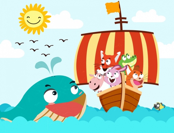 voyage drawing animals ships sea icons cute cartoon