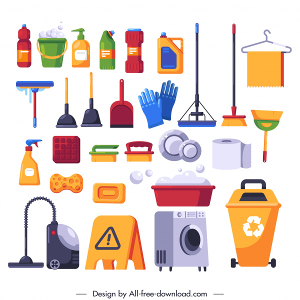 washing tools icons colorful flat sketch