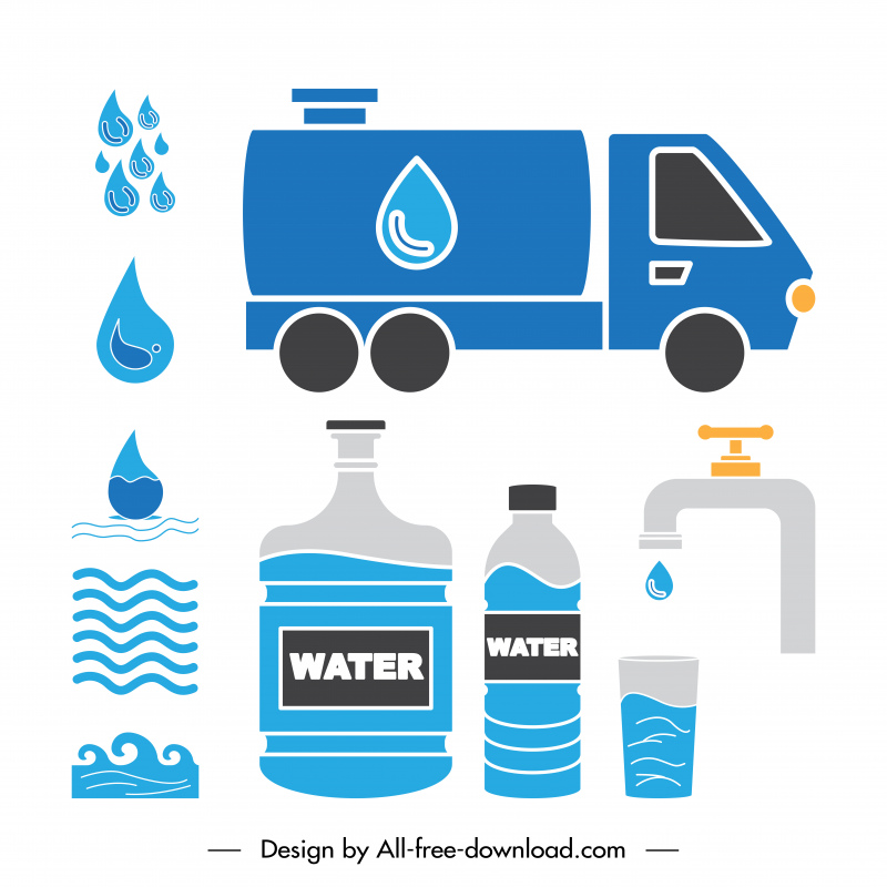 water icon sets droplet faucet truck bottle flat sketch