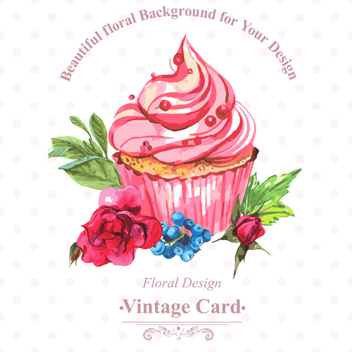 watercolor cupcakes with vintage card vector