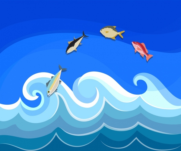 wavy beach background fishes icons curves design
