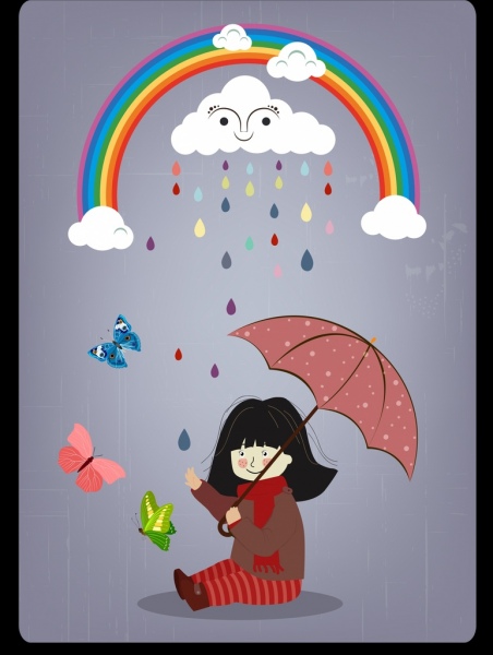 weather background girl rainbow stylized clouds umbrella icons