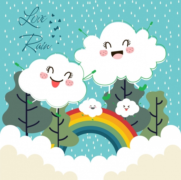 weather background stylized cloud rain rainbow icons 