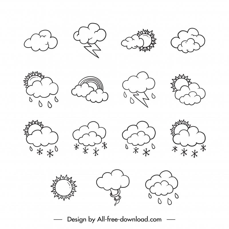 weather icon sets flat black white handdrawn clouds sun snow rain thunder symbols outline 
