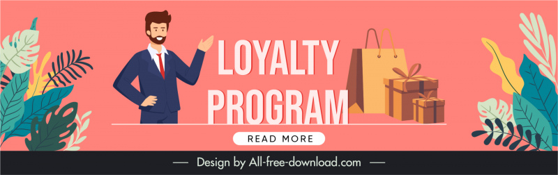 website banner of loyalty program man leaves bag presents sketch