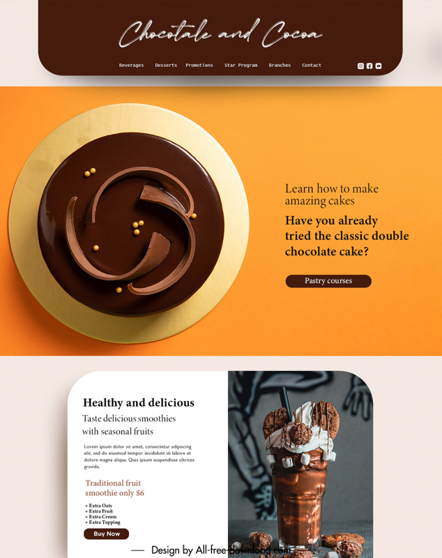 website chocotale and cocoa template elegant delicious cream sketch modern realistic design 