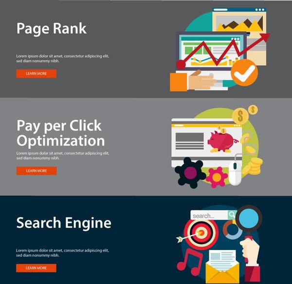 website ranking elements illustration with webpage banners style