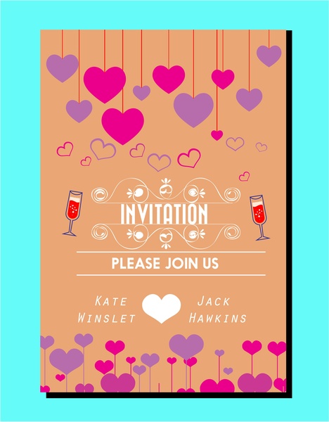 wedding card design classical style with colorful hearts