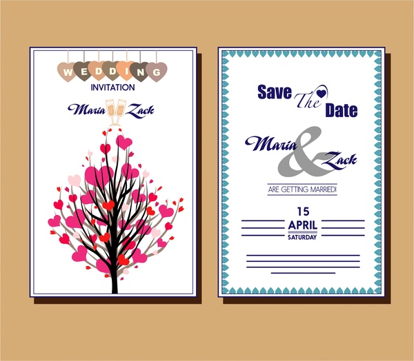 wedding card design hearts tree and white background