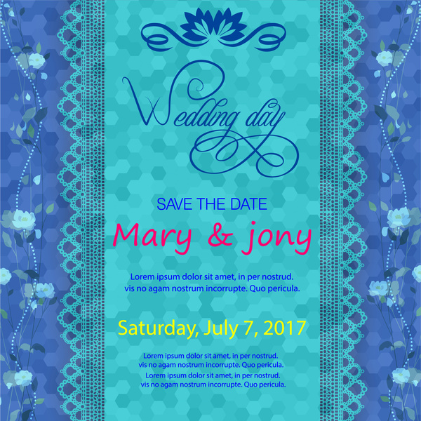 wedding card design on blurred blue background