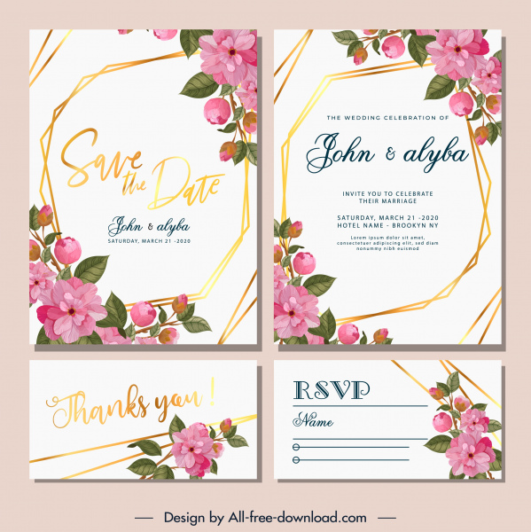 wedding card template blooming flowers decor 